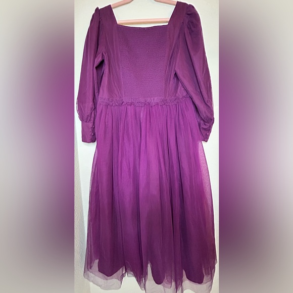 Ivy City Co Florence Dress Plum XL Puff Sleeve Smocked Purple Maxi Midi Tulle - Picture 7 of 16